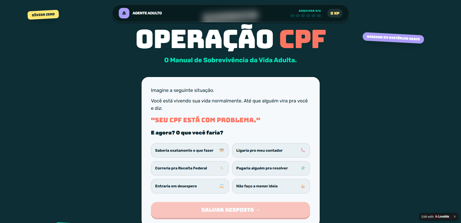 Print da tela do Operação CPF, com o logo bem grande em branco e vermelho no topo.