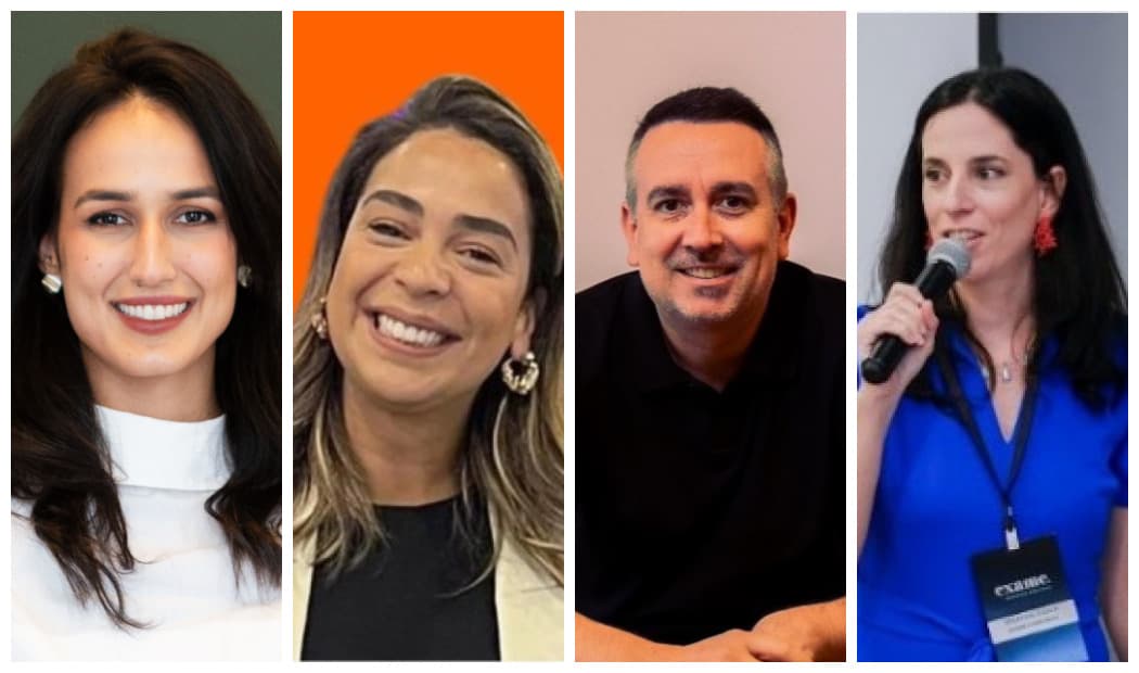 Montagem com quatro fotos lado a lado. A primeira é de uma mulher de cabelo escuro e blusa branca, a segunda é loira e roupa escura, o terceiro é um homem, com cabelo começando a ficar grisalho e a quarta é de uma mulher de cabelo preto, blusa azul e falando ao microfone.