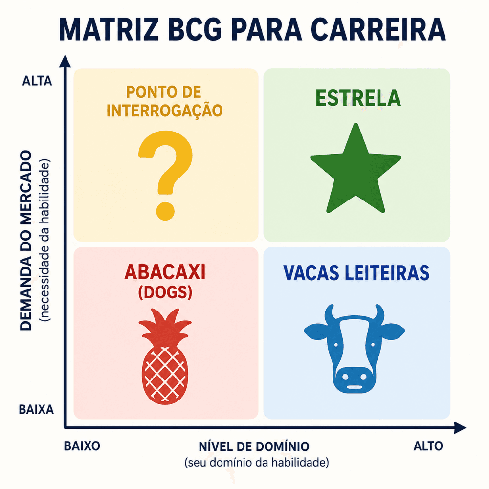 Imagem de uma matriz BCG adaptada para a carreira, em quatro quadrantes. O primeiro, em amarelo, é ponto de interrogação, o segundo, em verde, estrela, o terceiro, em vermelho, são abacaxis, e o quarto, em azul, vacas leiteira.
